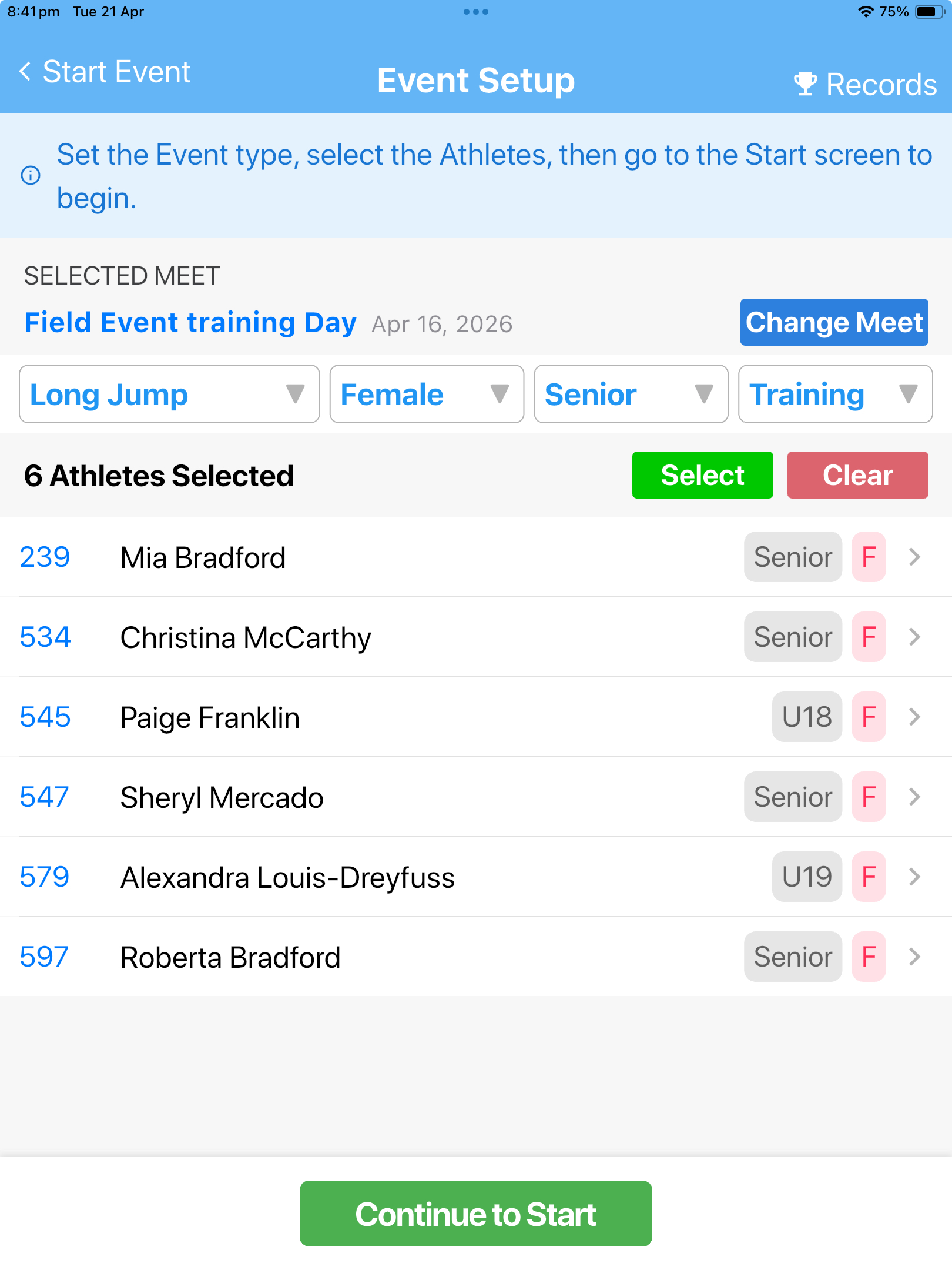 SplitFast Field Events App Event Setup screen showing Long Jump, Female, Senior, Training selected with 6 athletes listed